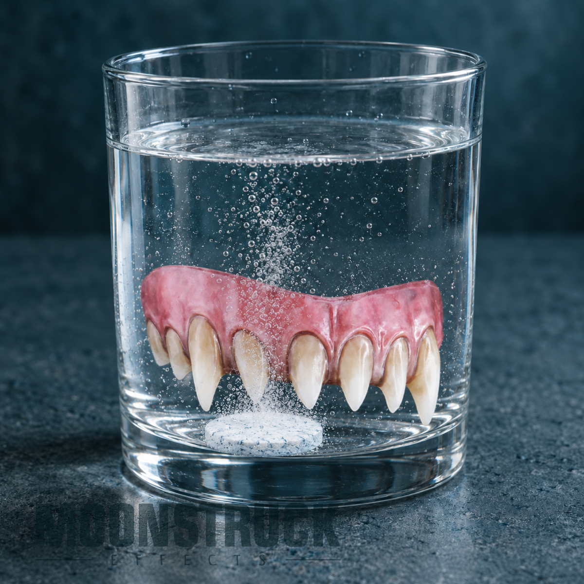 Saphira upper FX Teeth in a glass of water with a fizzing cleansing tablet.