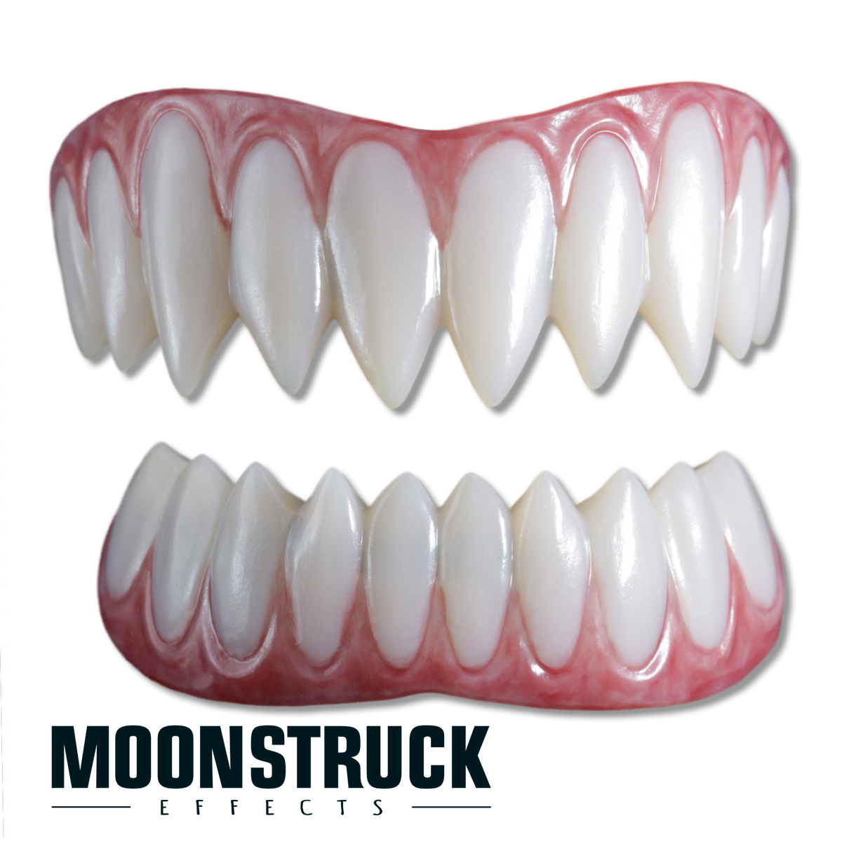 Lucifer Teeth full FX teeth set with smooth white tapered points and pink gums