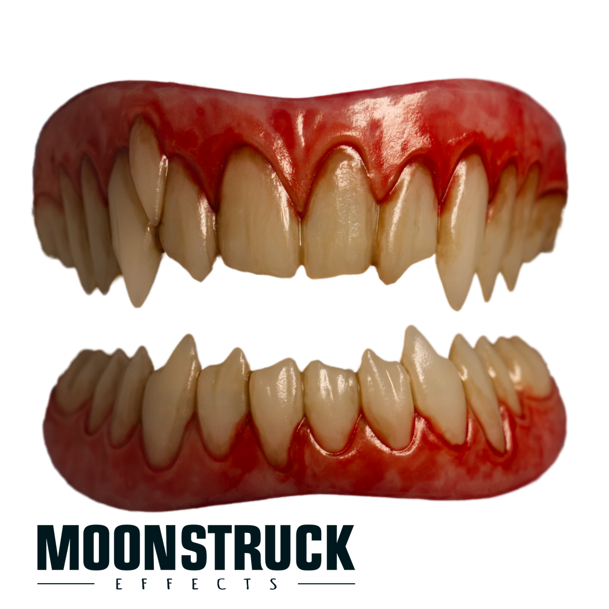 Scarlet Sinner full FX teeth set with long vampire fangs, warm ivory teeth and scarlet gums