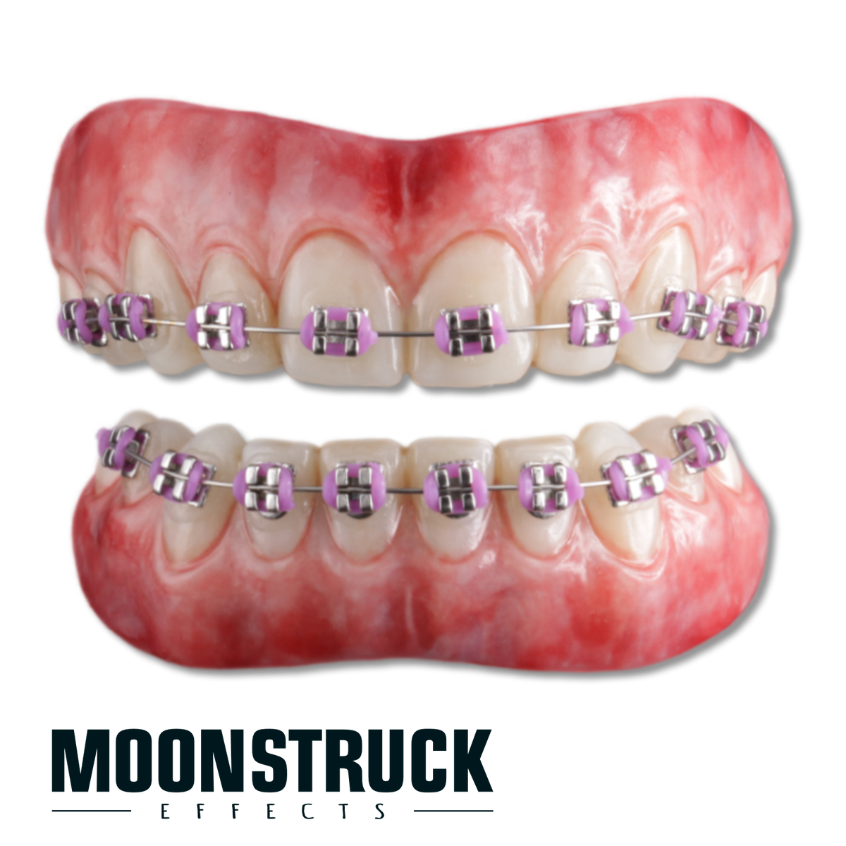 Fake Braces full FX teeth set with natural ivory teeth, imitation metal braces and purple bands